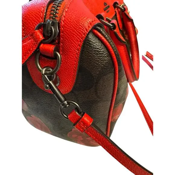 STUNNING Coach Rowan Red Leather Trim black, brown & Rose Print - Picture 3 of 12